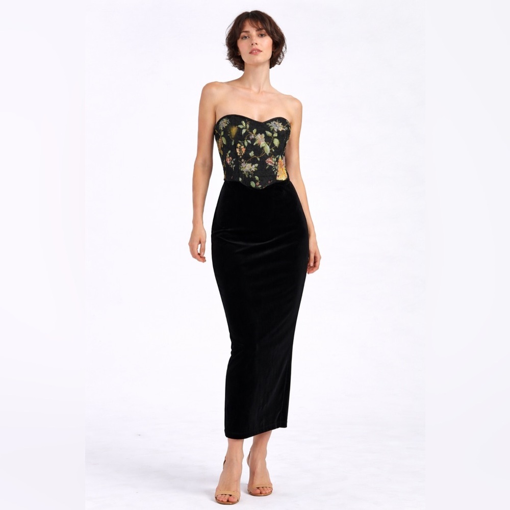 New Milumia Women’s Black Strapless Floral Velvet Midi Dress Bodycon Evening